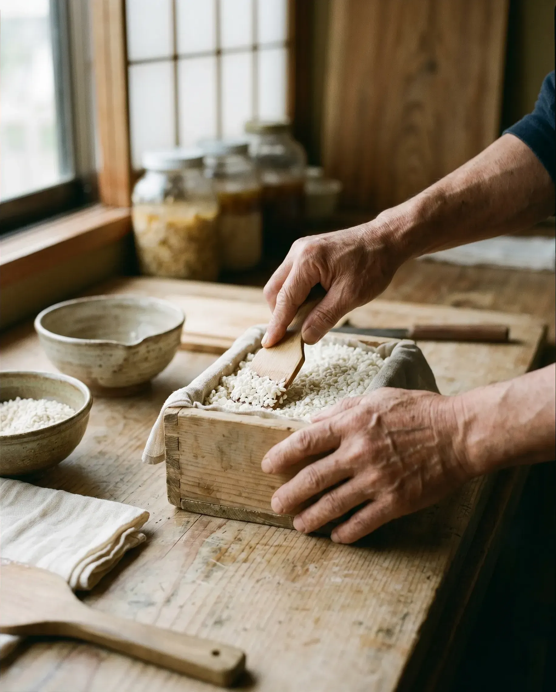 Artisan hands pressing rice koji into a wooden mold
