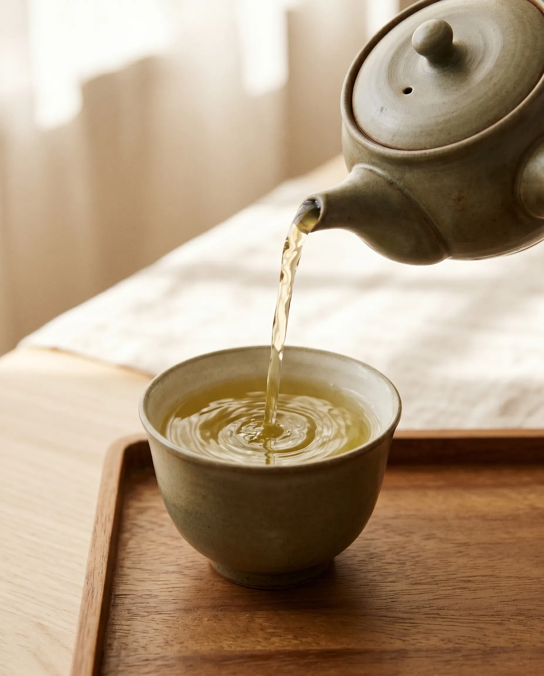 Sencha tea being poured from a kyusu into a ceramic cup